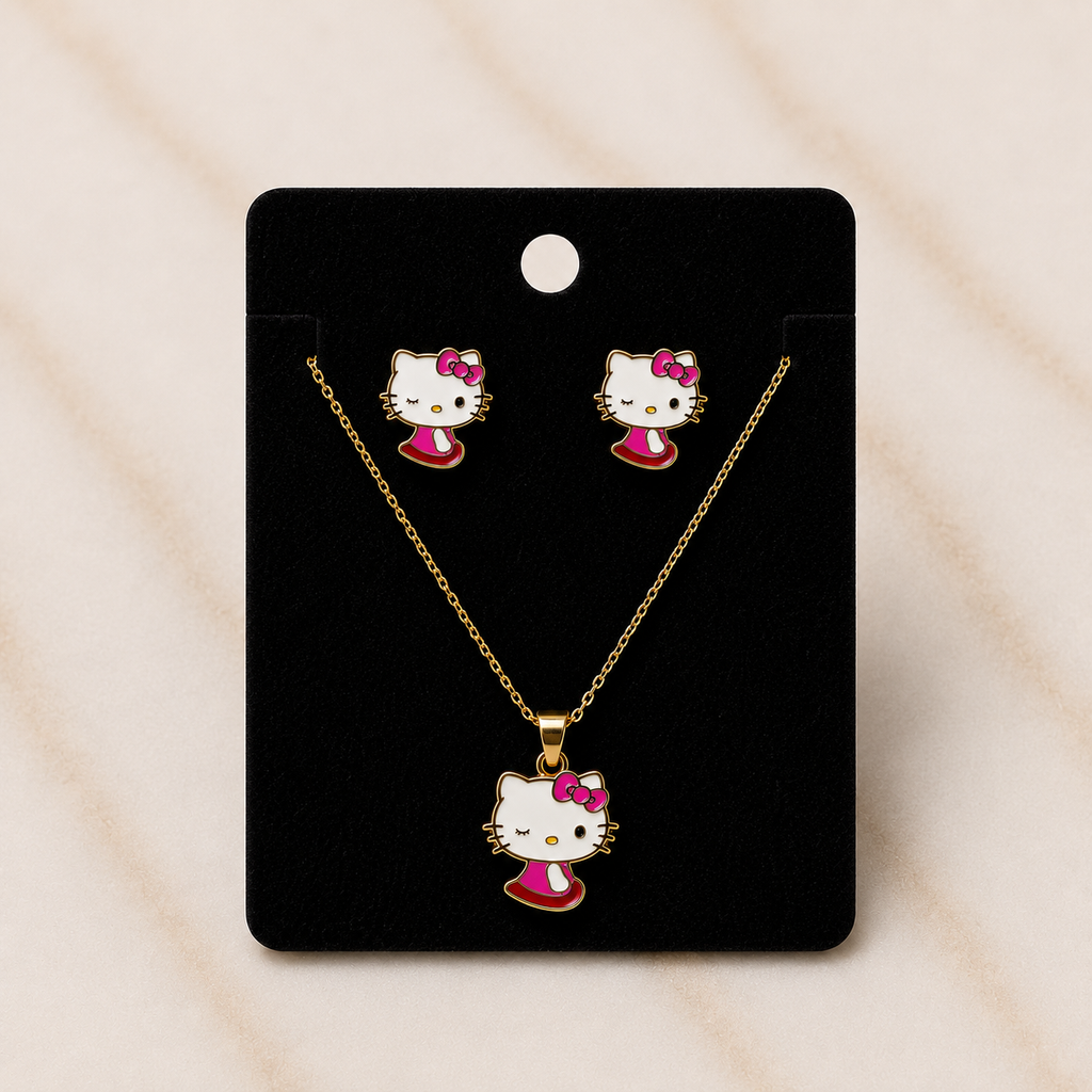 The Charme' Kitty Legacy Set jewelry collection featuring gold-tone necklace and earrings with charm designs.
